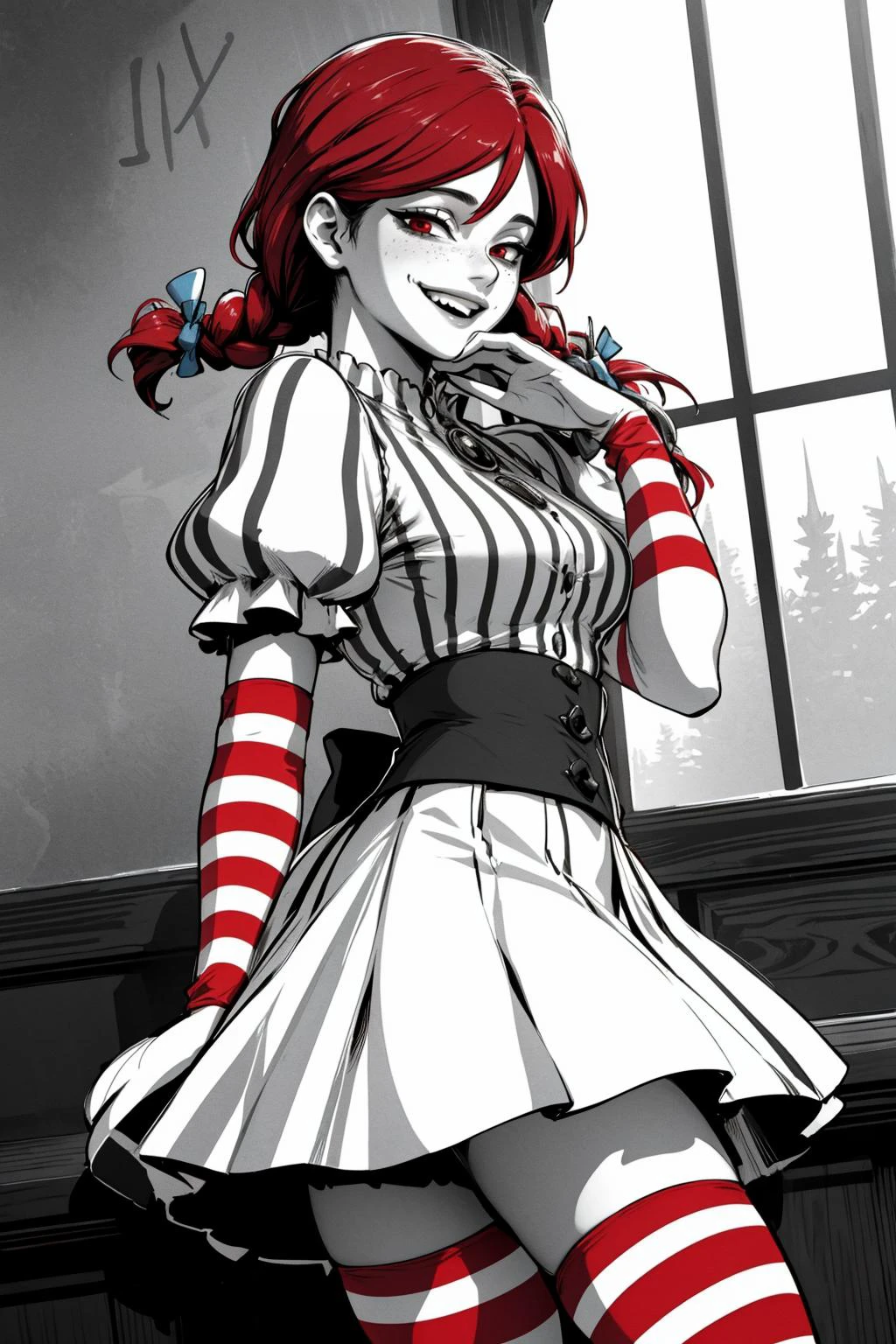 ((Masterpiece, best quality,edgQuality)),solo,1girl,edgGesugao,sadistic smile,grin, evil smile,edgGesugao facial expression <lora:edgGesugao:1>
ffwendys, twin braids, hair bow,striped dress, striped sleeves, puffy sleeves, striped thighhighs
<lora:fastfood_wendys:0.85>