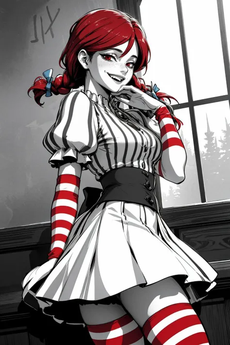 ((Masterpiece, best quality,edgQuality)),solo,1girl,edgGesugao,sadistic smile,grin, evil smile,edgGesugao facial expression <lora:edgGesugao:1>
ffwendys, twin braids, hair bow,striped dress, striped sleeves, puffy sleeves, striped thighhighs
 <lora:fastfood_wendys:0.85>