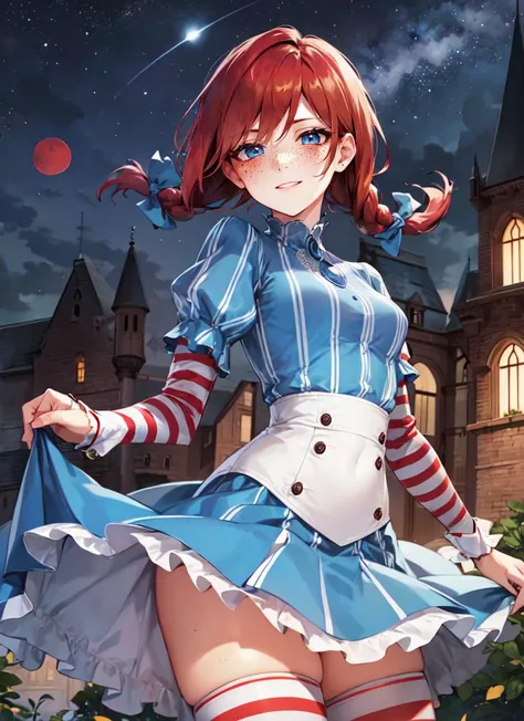 ((best quality)), ((highly detailed)), masterpiece, absurdres, detailed face, beautiful face, (detailed eyes, deep eyes), (1girl), straight-on, dynamic pose, cowboy shot, very wide shot, <lora:fastfood_wendys:1>, ffwendys, red hair, twin braids, hair bow, blue eyes, ((freckles)), body freckles, smiling, striped dress, striped sleeves, puffy sleeves, striped thighhighs, (outdoors, at a castle, midnight, night sky, stars, blood moon)