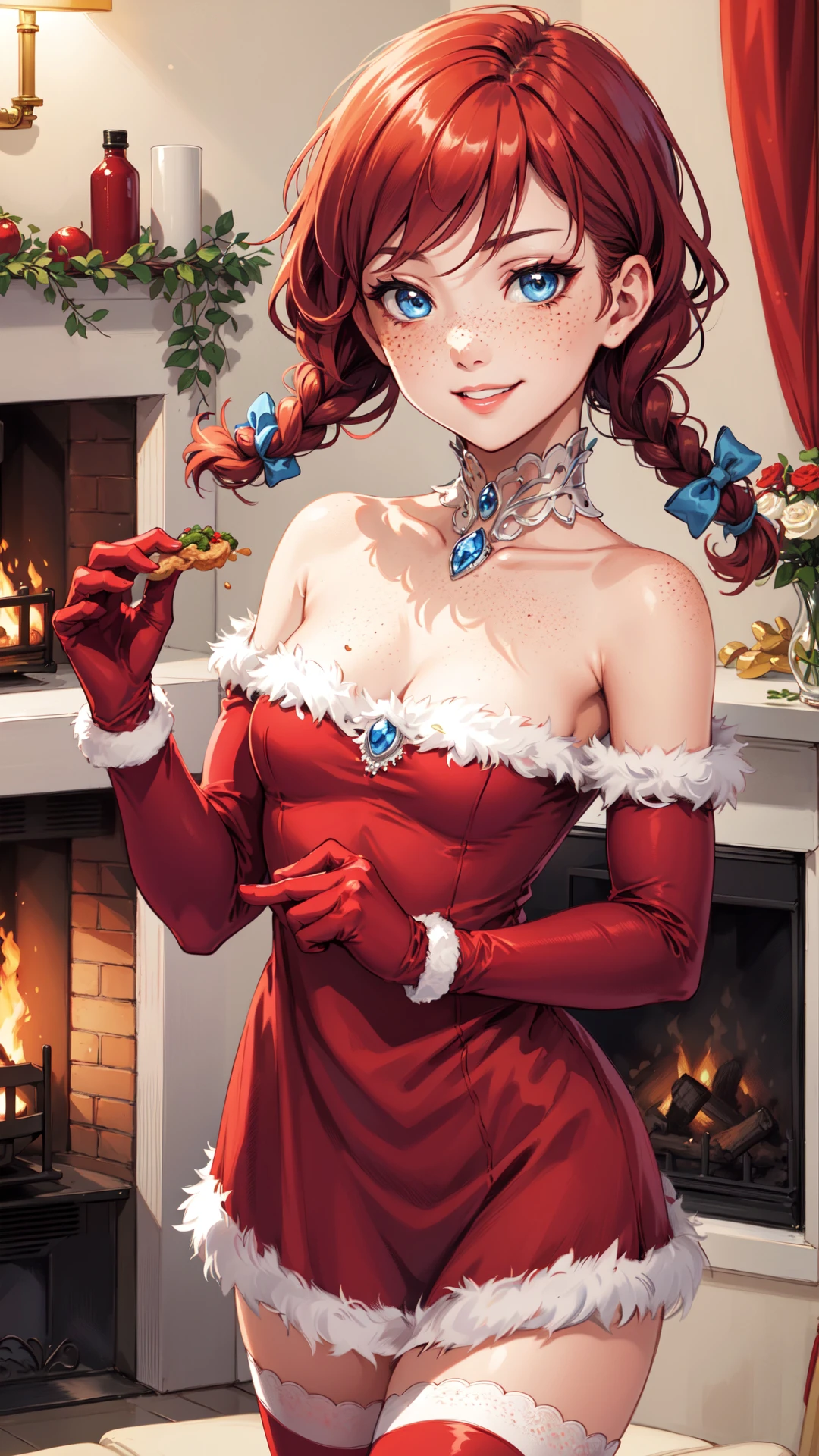 ((best quality)),((highly detailed)),absurdres,detailed face,beautiful face,(detailed eyes, deep eyes),(1girl),cowboy shot,ffwendys,red hair,twin braids,hair bow,blue eyes,((freckles)),body freckles,smiling,elbow gloves,(inside, in a living room),fireplace,winter,snow,<lora:fastfood_wendys-10:0.8>,thighhighs,small breasts,holding food,santa costume,close-up,