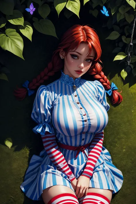 (ultra realistic,32k,RAW photo:1.1),(high detailed skin:1.1), 8k uhd, dslr, high quality, film grain, (makeup, mascara:1.1), lips,(thick\lips\),
(shiny glossy translucent clothing:1.1), <lora:fastfood_wendys:0.7>ffwendys, red hair, twin braids, hair bow, striped dress, striped sleeves, puffy sleeves, striped thighhighs, <lora:add_detail:0.78>, huge breast, upper body
(lying ,from above, looking at viewer:1.2)
(busty:1.1) , (chubby:0.1),(soft shaded:1.1), <lora:LowRA:0.4>, dark theme A place full of gardens suspended by ropes and chains and butterflies with little details in everything