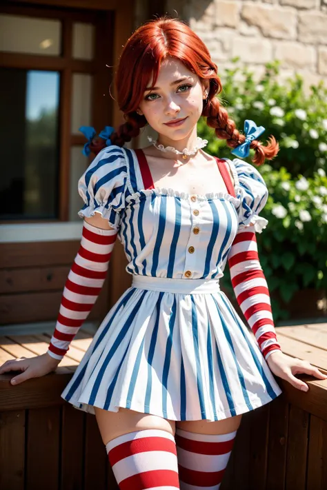 masterpiece, best quality, 8K RAW photo, film grain, bokeh, <lora:fastfood_wendys-10:0.85> ffwendys, red hair, smug, smirk, twin braids, hair bow, striped dress, striped sleeves, puffy sleeves, striped thighhighs <lora:age_slider_v1:-.5>