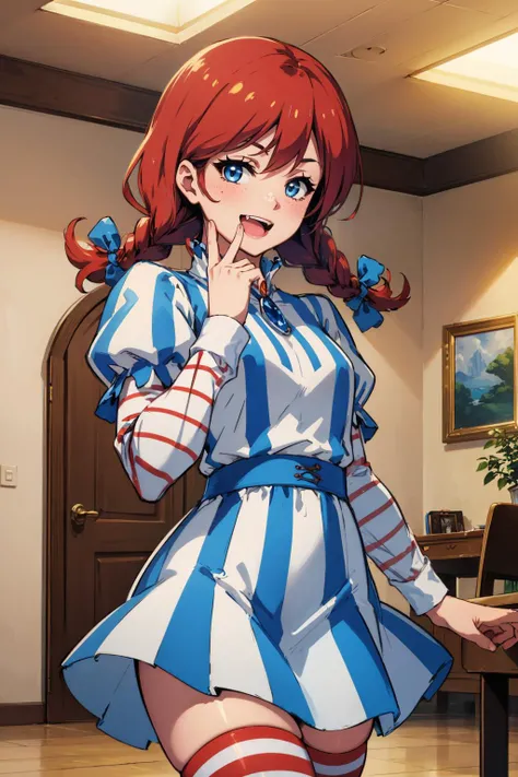 masterpiece, best quality, <lora:fastfood_wendys-10:1> ffwendys, twin braids, hair bow, striped dress, striped sleeves, puffy sleeves, striped thighhighs, :D, fang, furrowed brow, laughing, looking at viewer, cowboy shot, indoors