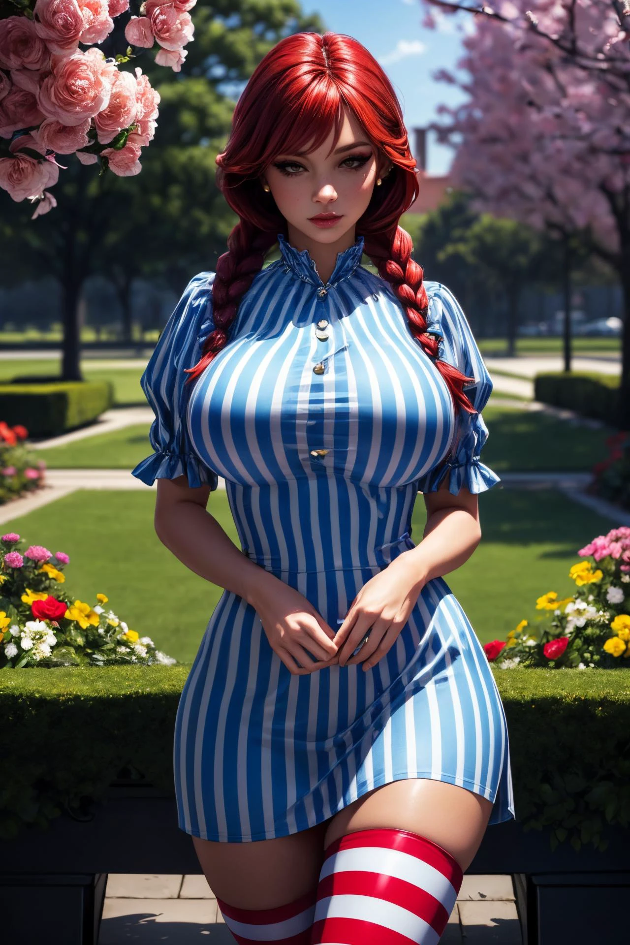 (ultra realistic,32k,RAW photo:1.1),(high detailed skin:1.1), 8k uhd, dslr, high quality, film grain, (makeup, mascara:1.1), lips,(thick\lips\),
(shiny glossy translucent clothing:1.1), <lora:fastfood_wendys:0.7>ffwendys, red hair, twin braids, hair bow, striped dress, striped sleeves, puffy sleeves, striped thighhighs, <lora:add_detail:0.77>, huge breast, upper body
(lying , looking at viewer:1.2)
(busty:1.1) , (chubby:0.1),(dynamic lighting:1.1), <lora:LowRA:0.4>, dark theme garden, blooming flowers, manicured lawns, fragrant