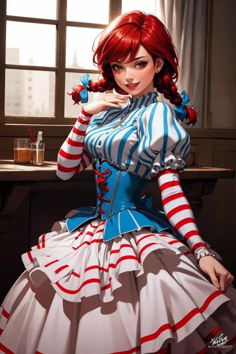 ((Masterpiece, best quality,edgQuality)),solo,1girl,smiling, excited,
ffwendys, red hair,twin braids, hair bow,striped dress, striped sleeves, puffy sleeves, striped thighhighs
<lora:fastfood_wendys:1>
<lora:edgBallgown_MINI:0.8> ballgown, corset,wearing a ballgown
