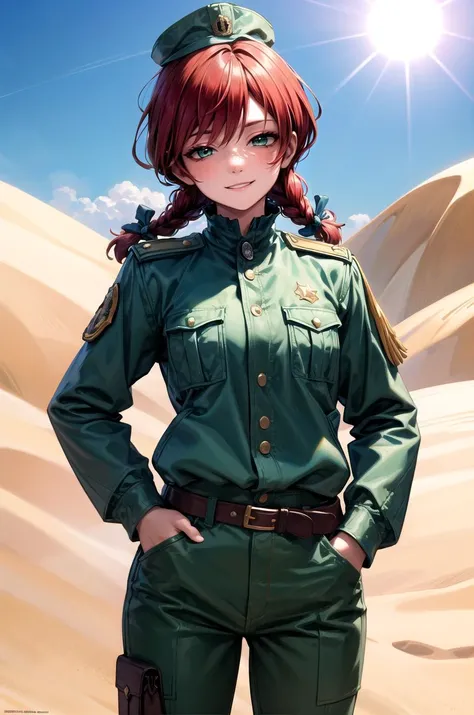 (masterpiece, best quality, detailed), 1girl, solo, ffwendys, twin braids, hair bow, looking at viewer,
military uniform, military, soldier, belt, green pants, military hat, green jacket, desert, sand, dust, sun, hands in pockets, shaded face, evil smile, half-closed eyes