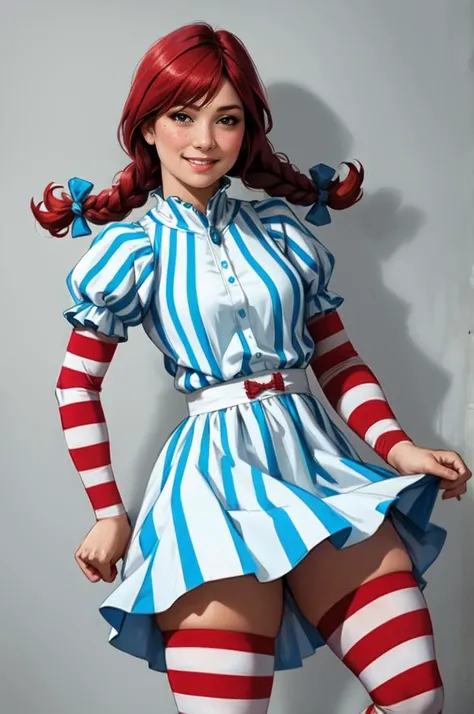 <lora:fastfood_wendys:1>,ffwendys,1girl,solo,striped,braid,hair bow,twin braids,smile BREAK striped dress,striped thighhighs,puffy sleeves BREAK smug,blush,smile,looking at viewer,(photorealistic:1.2),