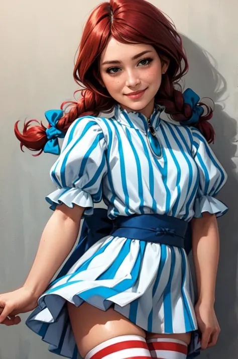 <lora:fastfood_wendys:1>,ffwendys,1girl,solo,striped,braid,hair bow,twin braids,smile BREAK striped dress,striped thighhighs,puffy sleeves BREAK smug,blush,smile,looking at viewer,(photorealistic:1.2),
