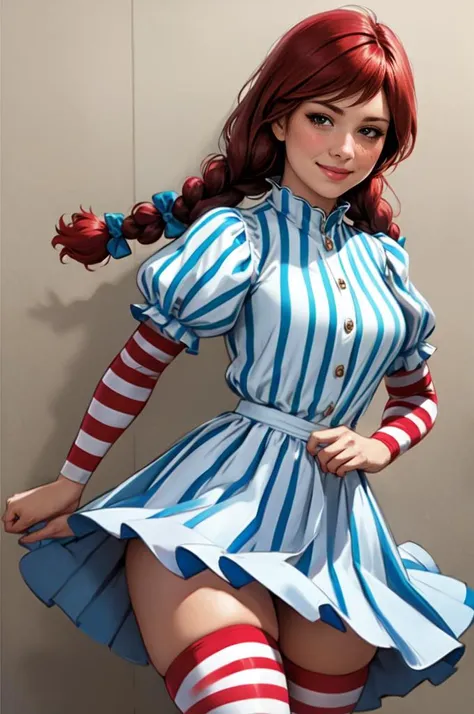 <lora:fastfood_wendys:1>,ffwendys,1girl,solo,striped,braid,hair bow,twin braids,smile BREAK striped dress,striped thighhighs,puffy sleeves BREAK smug,blush,smile,looking at viewer,(photorealistic:1.2),