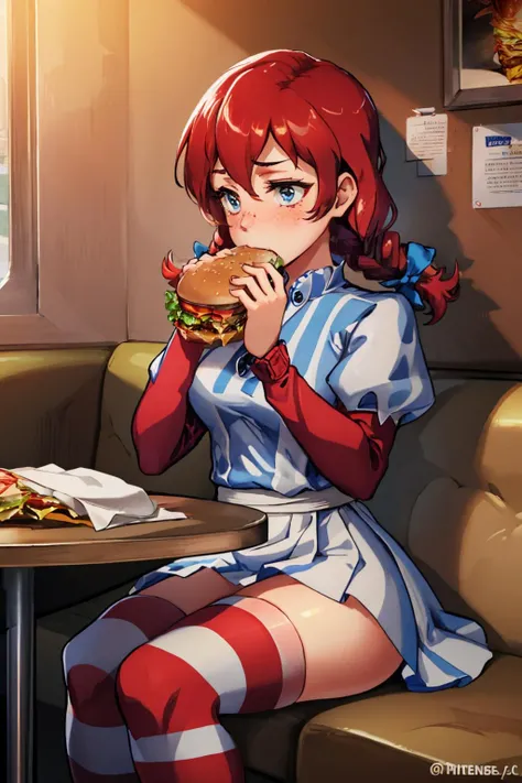 (masterpiece, best quality:1.2), solo, 1girl, ffwendys, two-handed burger, holding burger with both hands, eating, twin braids, hair bow, striped dress, striped sleeves, puffy sleeves, striped thighhighs, indoors, restaurant <lora:fastfood_wendys-10:1> <lora:borger-nvwls-ver-2:0.8>
