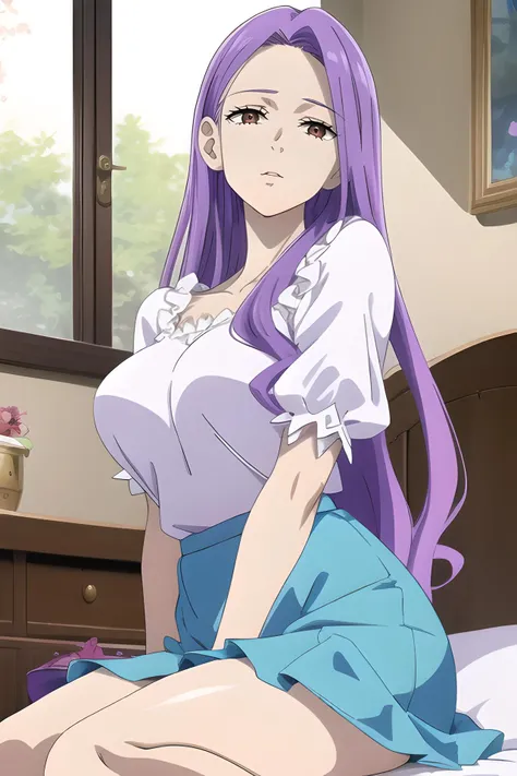 masterpiece, best quality, sharp focus, shiny skin, <lora:Margaret liones nanatsu no taizai:0.7> Margaret, solo, purple hair, long hair, brown eyes, large breasts, mature female, lips, looking at viewer, <lora:edgAsianc:0.8> edgasianc, a woman in a white top and blue skirt, blue skirt, white top, siting on bed, indoor, Castel, windows,