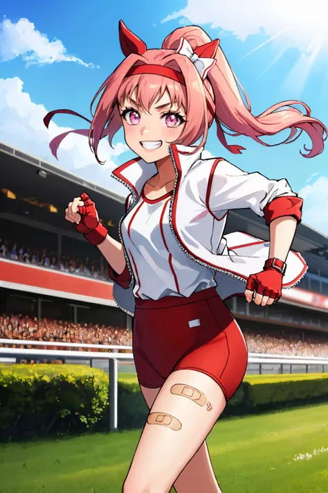 (masterpiece, best quality:1.2), solo, 1girl, haru urara, grin, looking at viewer, running, ponytail, hair bow, headband, horse ears, symbol in eye, flower-shaped pupils, v-shaped eyebrows, white jacket, shirt, red gloves, fingerless gloves, red buruma, bandaid on leg, horse tail, racetrack <lora:umamusume_haruurara-10:1>