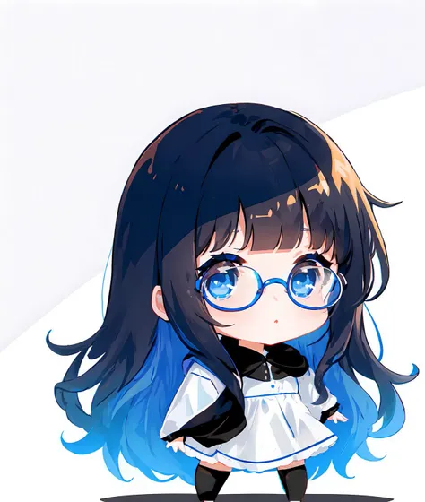 1girl, (dark blue hair, long hair, blunt bangs, blue eyes, round specs), white background, simple background, <lora:makeItChibi_v10:1>, cb_version, chibi, chibi version of anime girl