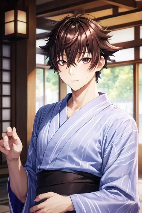 masterpiece, best quality, high quality, 1boy, solo, male focus, looking at viewer, upper body, <lora:yuuya_tenjou:0.72>, yuuya_tenjou, brown hair, hair between eyes, brown eyes, , yukata