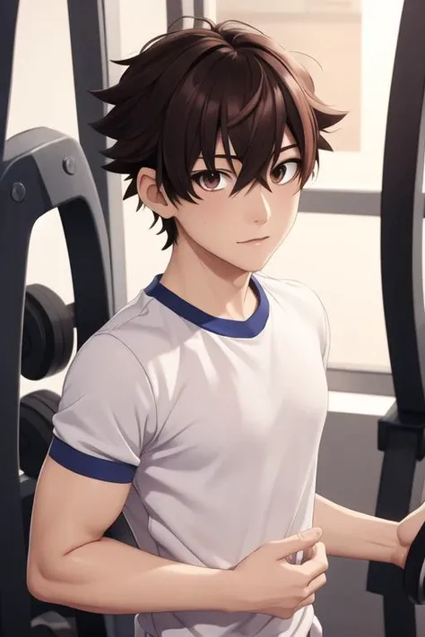 masterpiece, best quality, high quality, 1boy, solo, male focus, looking at viewer, upper body, <lora:yuuya_tenjou:0.52>, yuuya_tenjou, brown hair, hair between eyes, brown eyes, , gym uniform