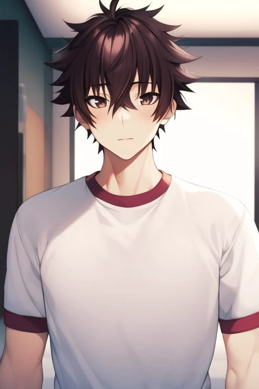 masterpiece, best quality, high quality, 1boy, solo, male focus, looking at viewer, upper body, <lora:yuuya_tenjou:0.72>, yuuya_tenjou, brown hair, hair between eyes, brown eyes, , gym uniform