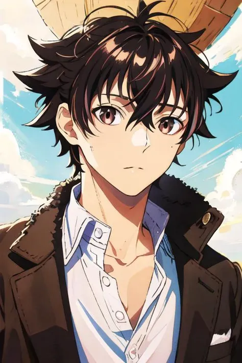 masterpiece, best quality, high quality, 1boy, solo, male focus, looking at viewer, upper body, <lora:yuuya_tenjou:0.70>, yuuya_tenjou, brown hair, hair between eyes, brown eyes, , coat