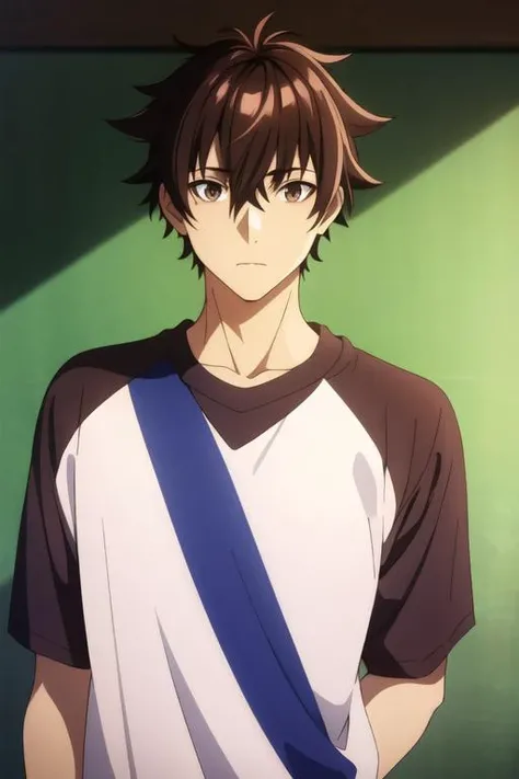 masterpiece, best quality, high quality, 1boy, solo, male focus, looking at viewer, upper body, <lora:yuuya_tenjou:0.72>, yuuya_tenjou, brown hair, hair between eyes, brown eyes, realistic, sportswear