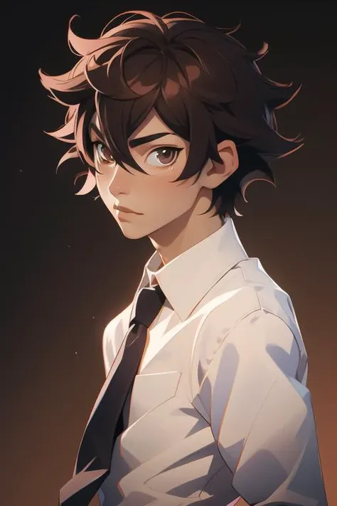 masterpiece, best quality, high quality, 1boy, solo, male focus, looking at viewer, upper body, <lora:yuuya_tenjou:0.52>, yuuya_tenjou, brown hair, hair between eyes, brown eyes, , formal, necktie, dress shirt