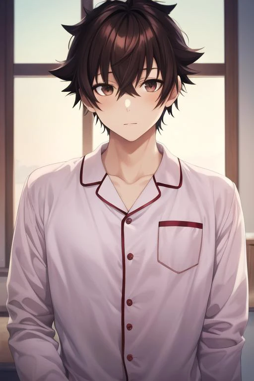 masterpiece, best quality, high quality, 1boy, solo, male focus, looking at viewer, upper body, <lora:yuuya_tenjou:0.52>, yuuya_tenjou, brown hair, hair between eyes, brown eyes, , pajamas