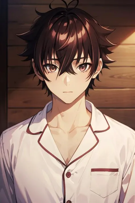 masterpiece, best quality, high quality, 1boy, solo, male focus, looking at viewer, upper body, <lora:yuuya_tenjou:0.72>, yuuya_tenjou, brown hair, hair between eyes, brown eyes, , pajamas