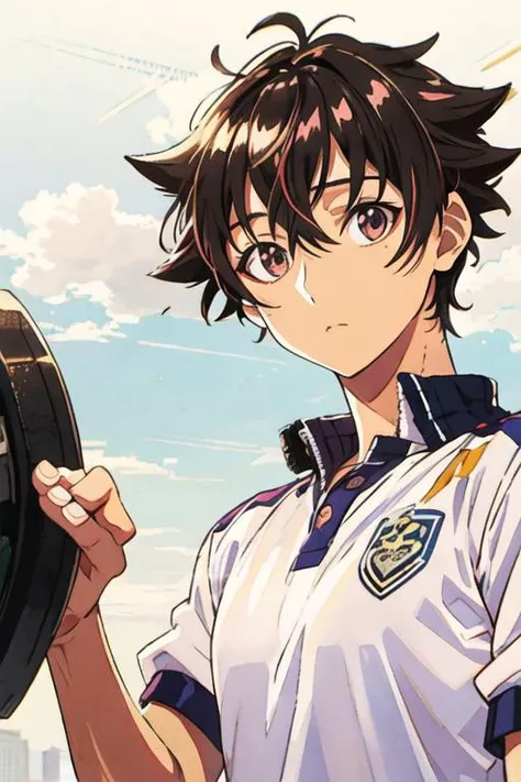 masterpiece, best quality, high quality, 1boy, solo, male focus, looking at viewer, upper body, <lora:yuuya_tenjou:0.62>, yuuya_tenjou, brown hair, hair between eyes, brown eyes, , gym uniform
