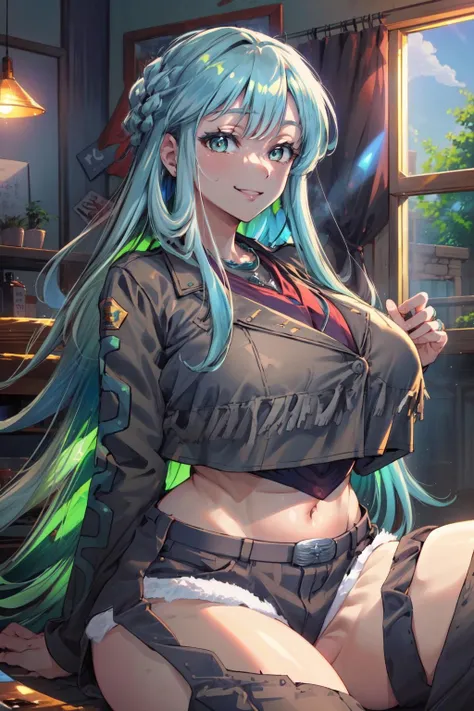 masterpiece,best quality,1girl,mature female,kukulcan,A1,CowboyClothing,huge breasts,wide hips,thick thighs,light smile,sitting,cowboy western,indoors,<lora:FGOKukulcan:0.8>,