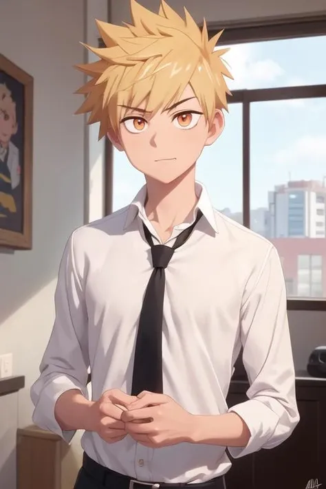 masterpiece, best quality, high quality, 1boy, solo, male focus, looking at viewer, upper body, <lora:shuu_inuzuka:0.66>, shuu_inuzuka, spiked hair, blonde hair, orange eyes, , formal, necktie, dress shirt