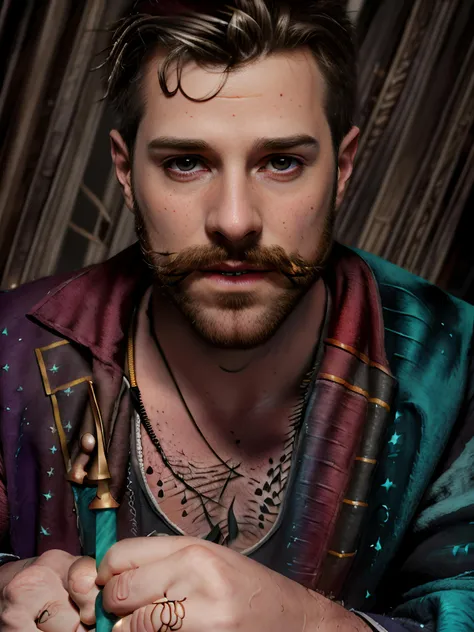 1boy, muscled realistic, wavy mustache, beard, black eyes, muscled , using a staff, using magic, wand glow, wizard's robe, <lora:Alok Petrillo:1>, realistic, Invoking magic of the ancestors