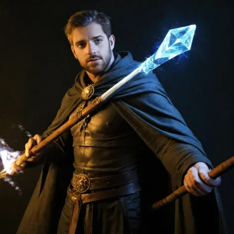 1father, (face focus: camera:1), Muscular, powerful mage, wielding staff, invoking powerful spells, glow in staff crystal