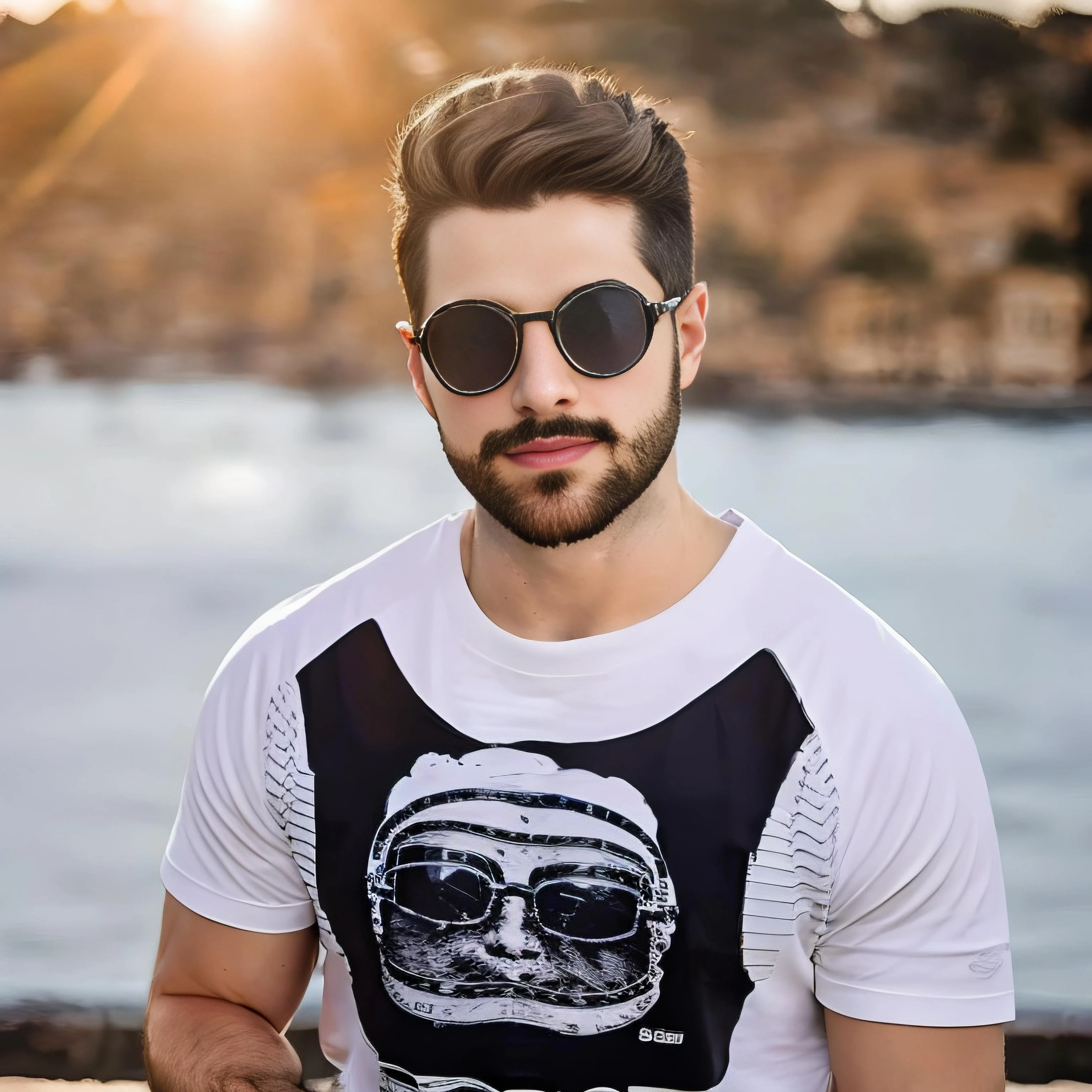 male, face, <lora:Alok Petrillo_V2:0.95>,alok, muscled, body, t-shirt, dj, sunglasses