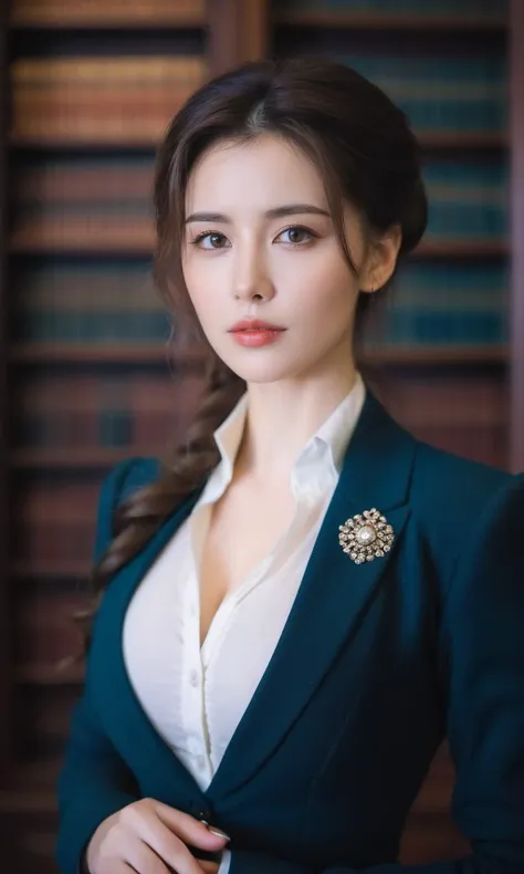 portrait of young woman in elegant wool business suit, (big breasts:1.25), bokeh, interstellar, film grain, old 18th century magic fantasy library
 <lora:sdxL_offset:0.3>  <lora:perfect-eyes:0.5:1:1:lbw=face> perfecteyes,