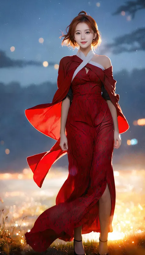 1 girl:1.3), cute, (best quality:1.4), (masterpiece1.4), light red hair, black eyes, turn left, looking at viewer, (full body), beautiful lighting, (Bokeh), light rays, (Depth of field), (See-through), (soft lighting, soft colors), ultra resolution image, (Anarmorphic), Intersection of tradition and urban lifestyle, happy, (Realistic:1.4), (cleavage:1.4),