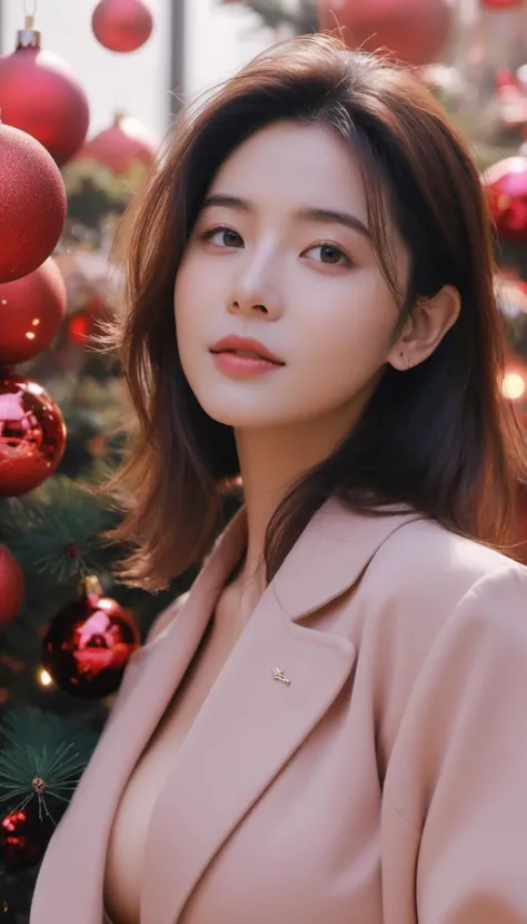 detailed eyes, Perfect features, (masterpiece), (best quality), (good quality), intricate details, earrings, Ray Tracing, (See-through), (Bokeh), (Depth of field), happy, ((christmas:2)), ((christmastree)), ((large breasts)),