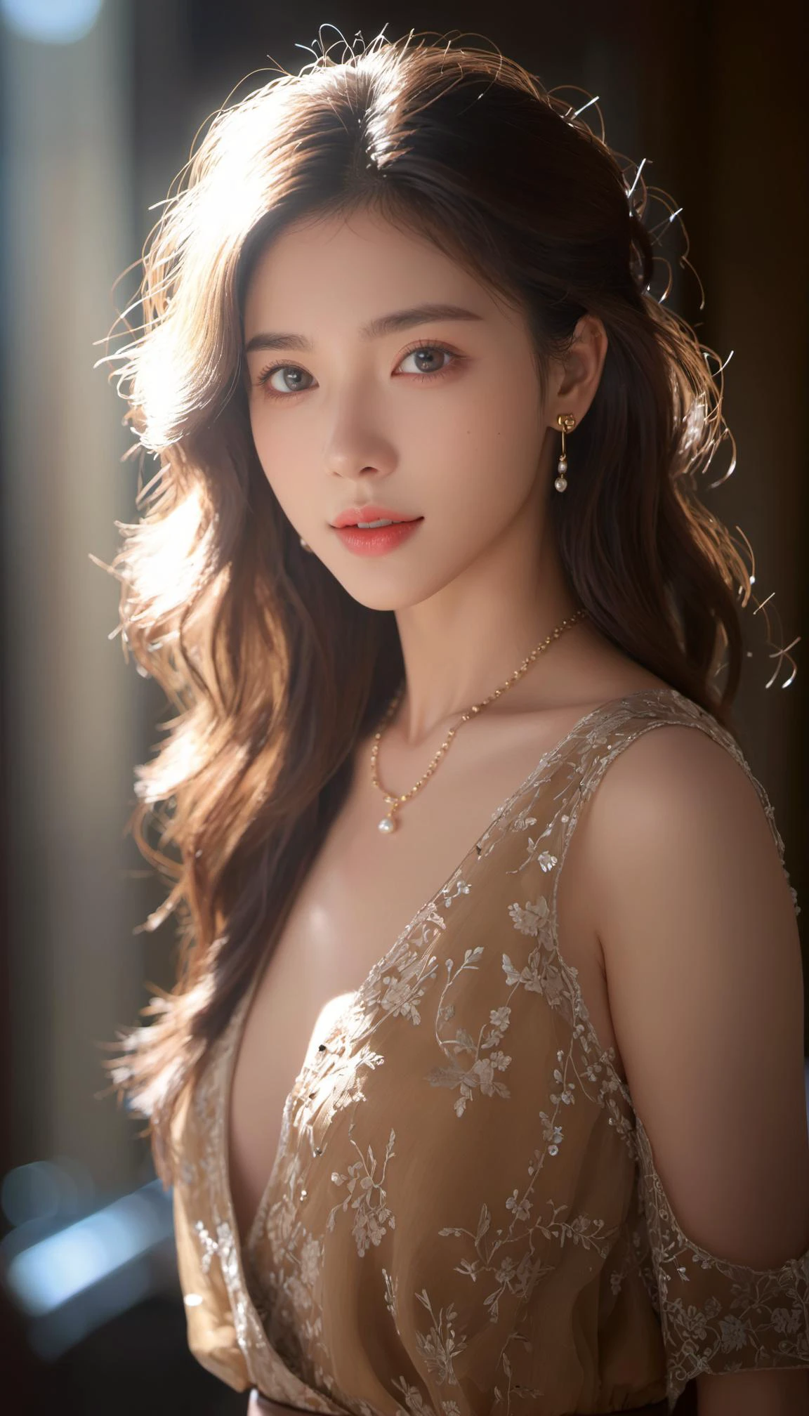 detailed eyes, Perfect features, (masterpiece), (best quality), (good quality), intricate details, earrings, Ray Tracing, (See-through), (Bokeh), (Depth of field), Flawless skin, happy,