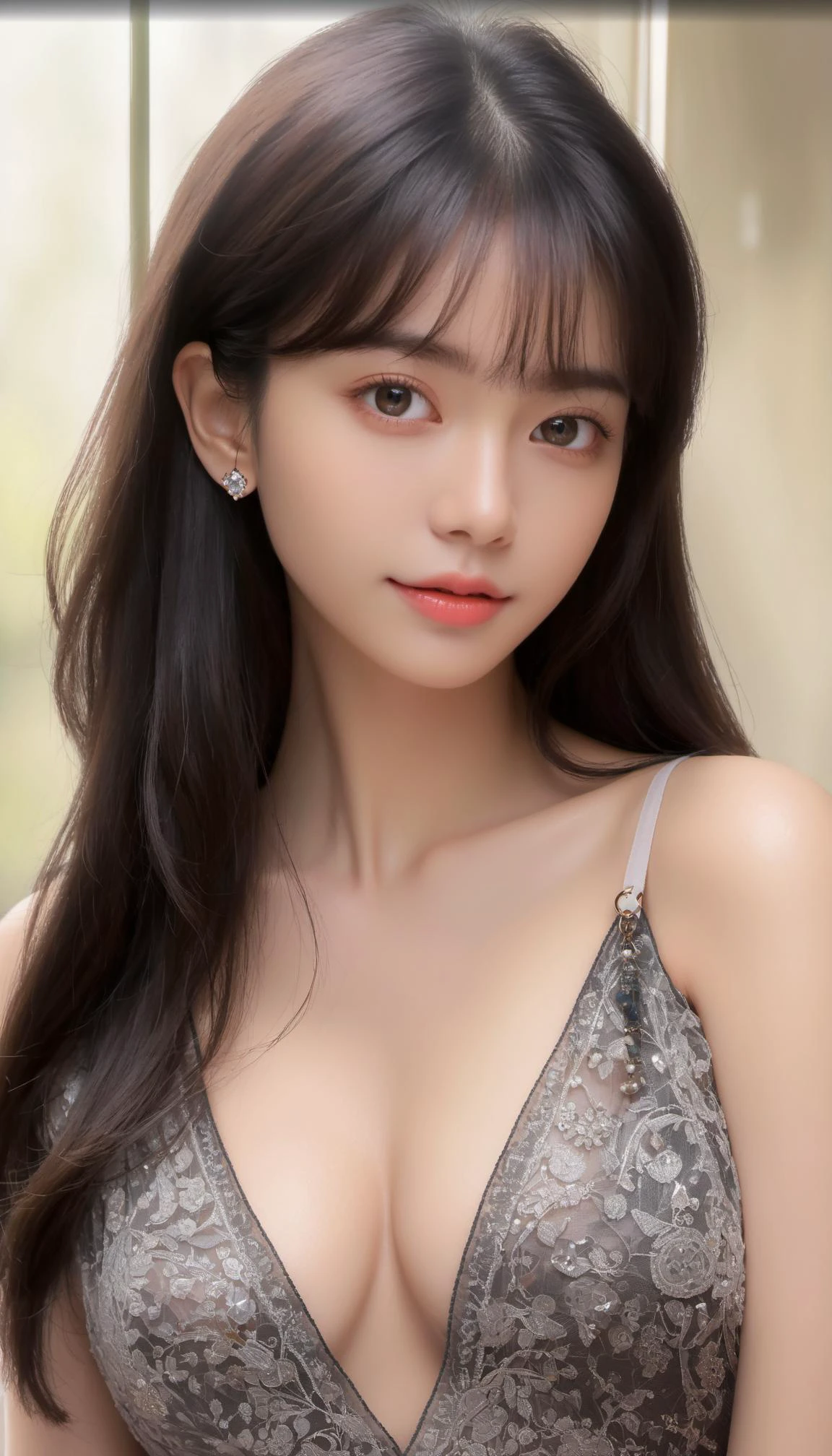 detailed eyes, Perfect features, (masterpiece), (best quality), (good quality), intricate details, earrings, Ray Tracing, (See-through), (Bokeh), (Depth of field), Flawless skin, happy,