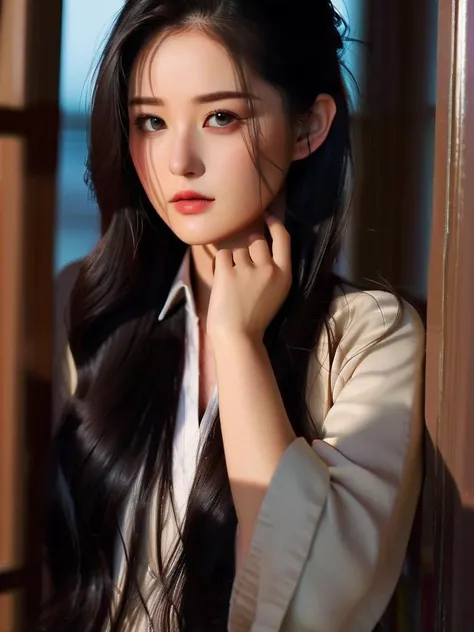 1 asian girl near a window, fashion model, beautiful face, detail face, lighting and shadow air, long black hair, soft lighting, close mouth, (master piece:1.6), (best quality:1.5)