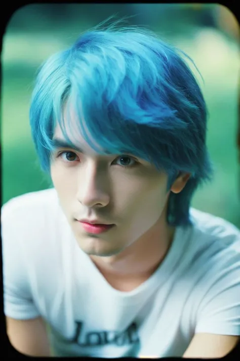analog film photo masterpiece,best quality,highres,high quality,1boy,solo,male focus,looking at viewer,blue hair,realistic,magical background,(2D:1.2),(flat color:1.2),(colorful:1.4), . faded film, desaturated, 35mm photo, grainy, vignette, vintage, Kodachrome, Lomography, stained, highly detailed, found footage