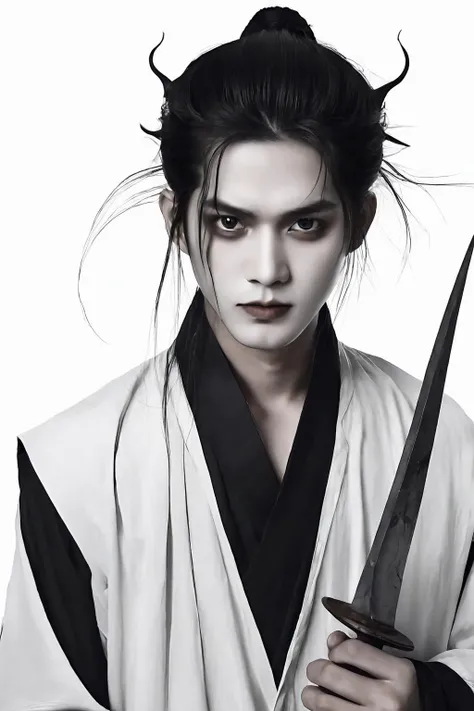 ethereal fantasy concept art of Horror-themed Monochrome 18yo man,smile,light theme,male_focus,black_hair,solo,black_eyes,chinese_clothes,tools,illustration.media,action shot,masterpiece,best quality,
farmer,
white background.,. Black and white,contrast,tone,texture,detailed,. Eerie,unsettling,dark,spooky,suspenseful,grim,highly detailed, . magnificent, celestial, ethereal, painterly, epic, majestic, magical, fantasy art, cover art, dreamy