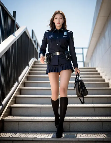 photo of a police in {uniform, miniskirts} walking stairs, solo, BREAK, full shot, (view from below), front view, cinematic lighting, professional photo shot, NSFW, {Erotic}, 85mm lens, 8k resolution, Ultra detailed, (sharp focus), (Best quality) <lora:add-detail-xl:1.4>