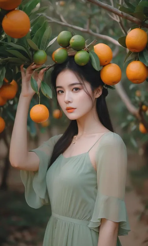 a woman in a green dress holding fruit on her head and a tree branch in her hand with oranges on it,in the style of cute and dreamy, light green, dark orange and light green, romanticized nature, snapshot aesthetic, fawncore, 32k uhd