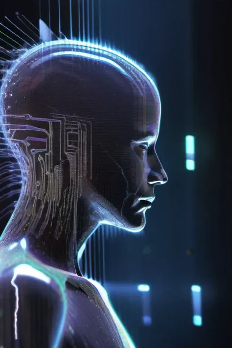 digital art, hologram, bigdata, high technology, sound wave, digital landscape, neural network, Humanoid, reflaction, masterpiece, 32k UHD resolusion, high quality, professional photography, closed up,<lora:add-detail-xl:1.0>