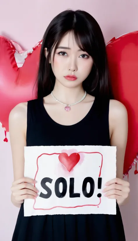age 22, cute, sleeveless, Overfit Shirts, (Valentine's Day), (Depth of field), Crying, (holding a sign with the words "solo" written in large bold writing)