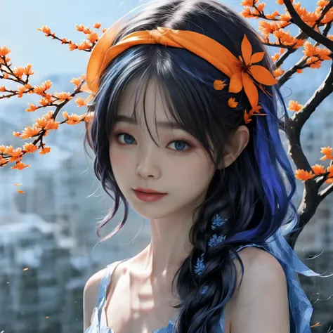 Navy Blue and DayGlo orange fractals of a Sakura buxom Female Dryad with Indigo skin, Black Long hairstyle, fall roots, Joyful, Pre-raphaelitism, CMYK Colors