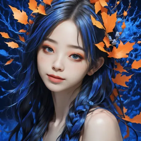Navy Blue and DayGlo orange fractals of a Sakura buxom Female Dryad with Indigo skin, Black Long hairstyle, fall roots, Joyful, Pre-raphaelitism, CMYK Colors