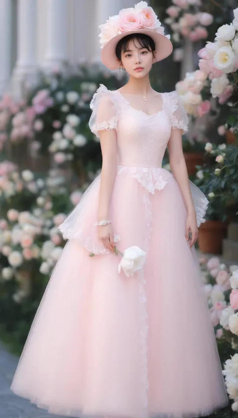 a woman in a pink dress and a white hat posing for a picture in a pink dress and fur hat,in the style of rococo pastel hues, gongbi, shiny/glossy, fairycore, 32k uhd, sonian, feminine sensibility