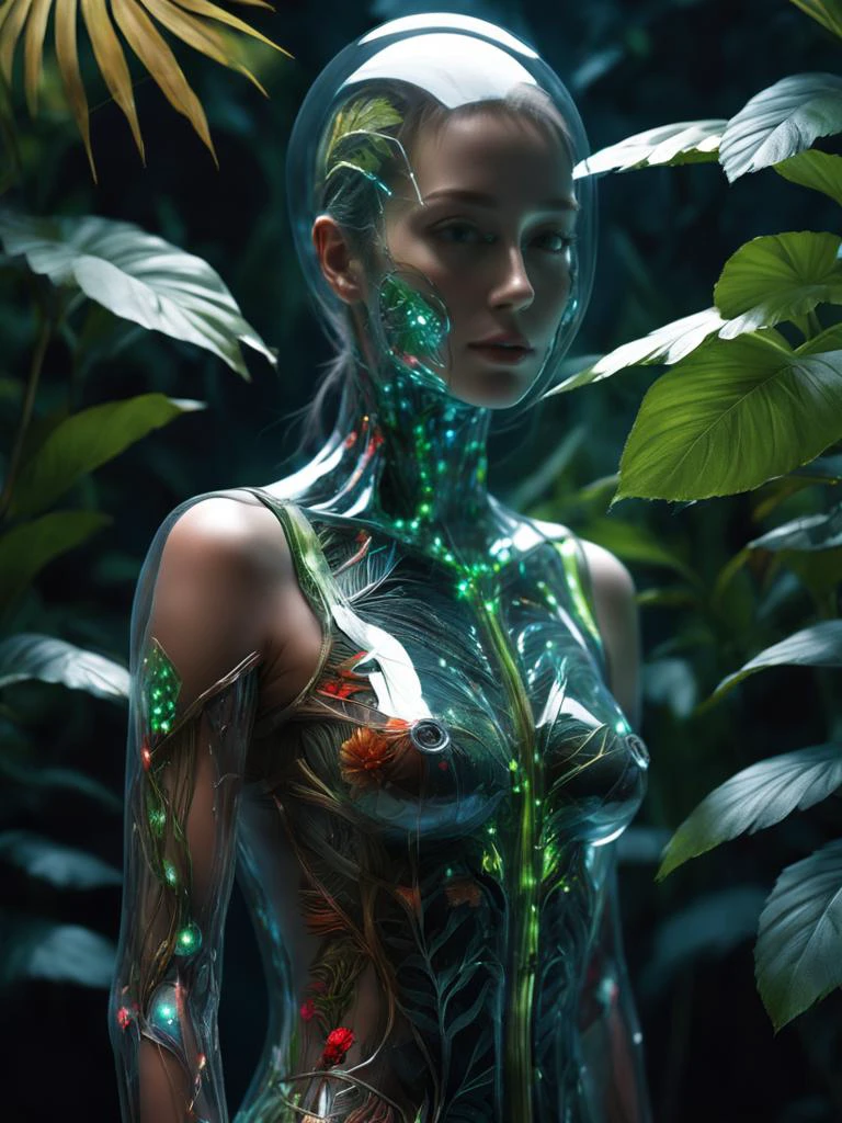 ,high detailed professional body photo of a transparent glass android looking at viewer,women android,with glowing backlit panels, anatomical plants, dark forest, night, darkness, grainy, shiny, intricate plant details, with vibrant colors, colorful plumage, bold colors, flora, contrasting shadows , realistic, photographic,