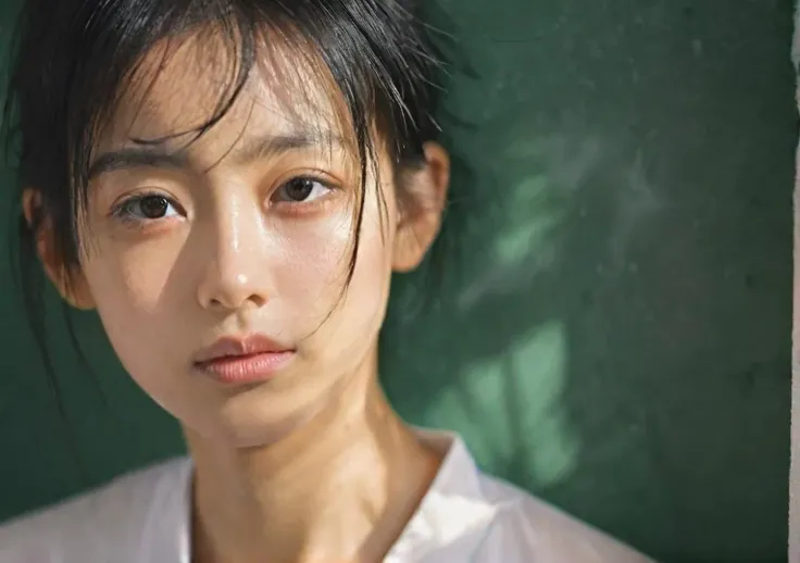 solo,realistic,portrait,black eyes,black hair,lips,looking at viewer,<lora:add_detail:1>,mature_female,slanted_eyes,8K,fair_skin,disheveled hair,closed mouth,slender,tennis_uniform,reality,depth_of_field,((wash painting)),((ink s...)),wallpaper,