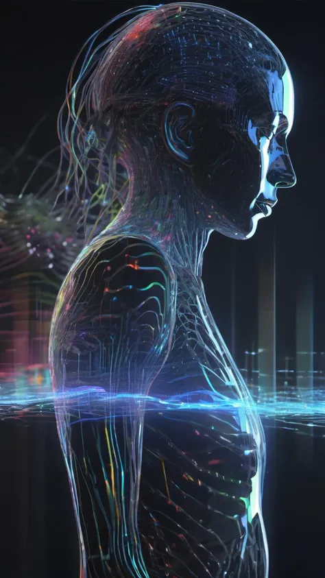 digital art, hologram, bigdata, high technology, sound wave, digital landscape, neural network, Humanoid, reflaction, masterpiece, 32k UHD resolusion, high quality, professional photography, closed up,<lora:add-detail-xl:1.0>