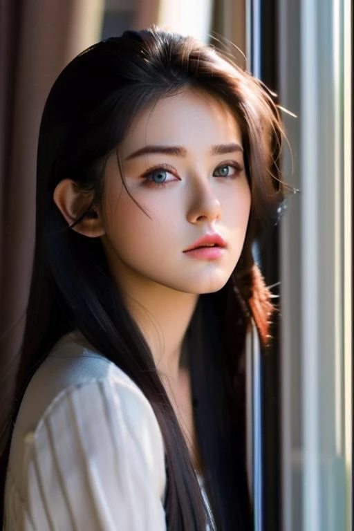 1 asian girl near a window, fashion model, beautiful face, detail face, lighting and shadow air, long black hair, soft lighting, close mouth, (master piece:1.6), (best quality:1.5)
